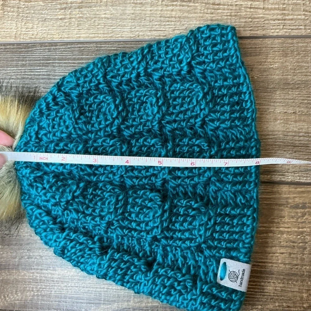 Cable Knit Crochet Beanie Hat Handcrafted With Faux Fur Pom Handmade Teal